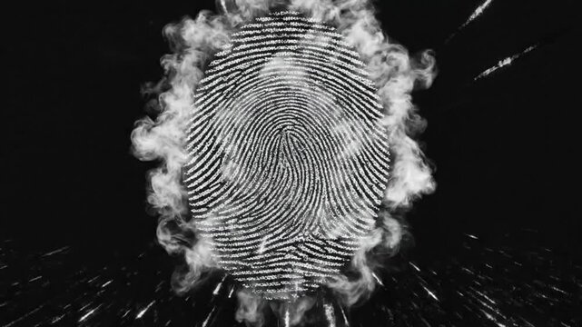 Futuristic fingerprint identification reveals identity with data explosion and cloud smoke effect on black background