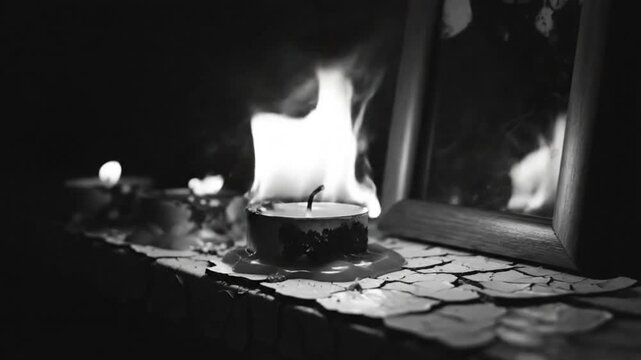 Black and white close up of flickering candle flames on a windowsill with cracked paint and a framed photograph.
