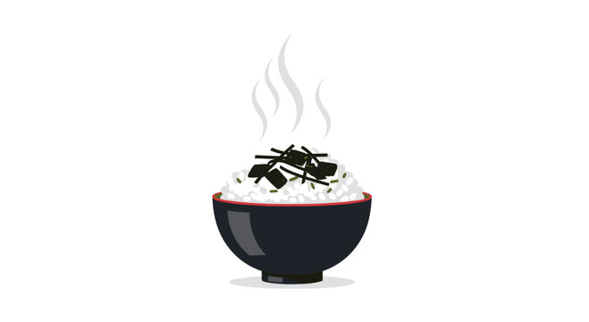 A steaming black lacquer bowl contains a mound of fluffy white rice garnished with delicate shredded strips of dark green nori seaweed topping.