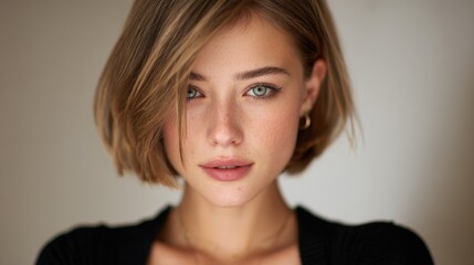 Fototapeta premium Modern fashion portrait: young woman with a short bob in a bright studio