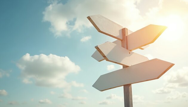 Blank wooden signpost with multiple arrows points in different directions against a bright cloudy sky. Suggests choices, paths, and future opportunities. Represents decisions and journeys.
