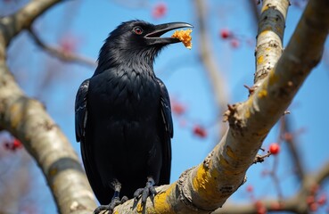 Obraz premium Black crow perches on tree branch holding food in beak. Bird with red eye looks up against bright blue sky. Nature closeup of wild animal foraging for meal.