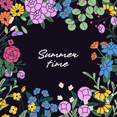 Naklejka premium Design of greeting card circle floral border. Template of round frame from different bouquets of wildflowers. Branches of bloom meadow plants, peonies, roses with leaves. Flat vector illustration