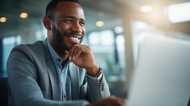 Faceless professional man working on a laptop in a bright office smiling thoughtfully during a daytime workday