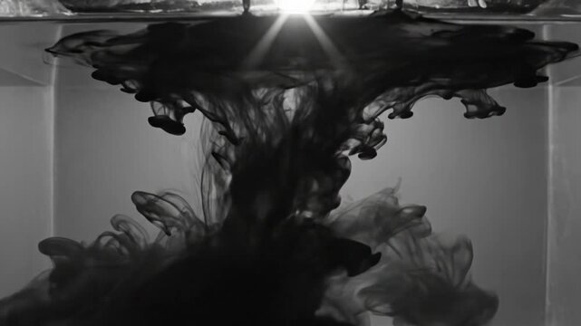 Black ink dissolving and spreading through water in a clear glass container, abstract fluid art