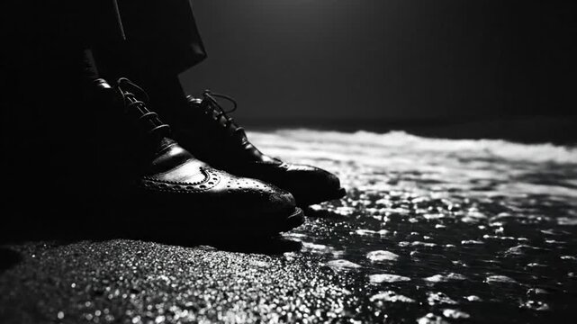Black and white shot of brogue shoes getting wet on a beach with ocean waves washing over them