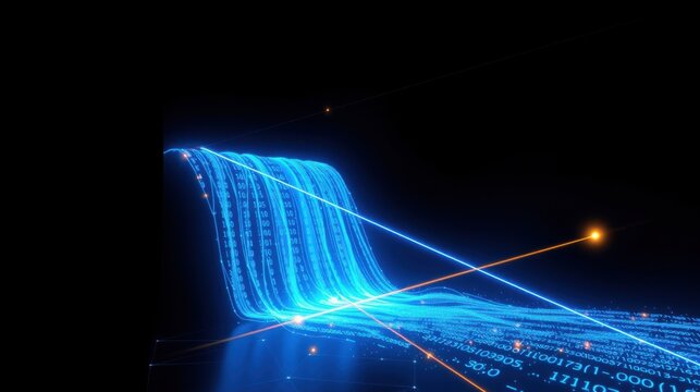 Digital waterfall cascading data streams. Futuristic visualization, binary code, glowing blue lines, dark background. Complex network concept.