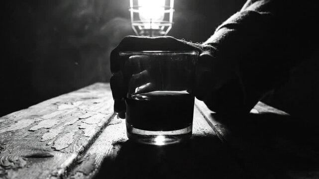 Dramatic shot of a hand reaching for a glass of dark liquor on a wooden surface in dim lighting