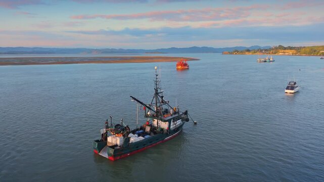 A fishing trawler with crates of catch on the water near a sandbar and distant hills in Kawhia Harbour, Kawhia, Waikato, New Zealand The vessel is preparing to moored.