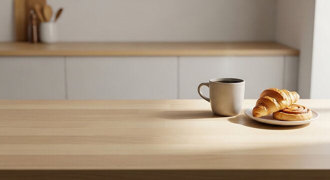 A neutral-toned kitchen scene with coffee, croissants, and soft light on a wood countertop
