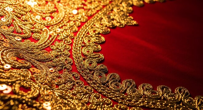 Luxurious red fabric with intricate golden embroidery and shimmering sequins creating a rich and opulent texture