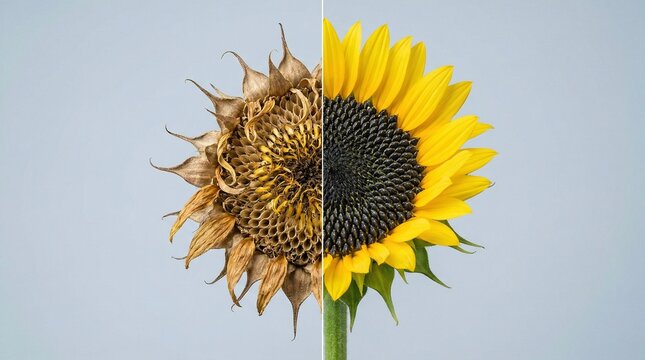 Blooming and Dried Sunflower Head Showing Stages of Life