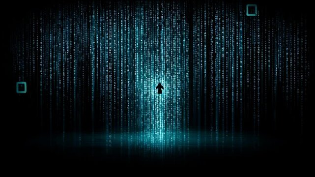 Icon Dissolves Into Flowing Binary Code in a Deep Blue Backdrop for Digital Transformation