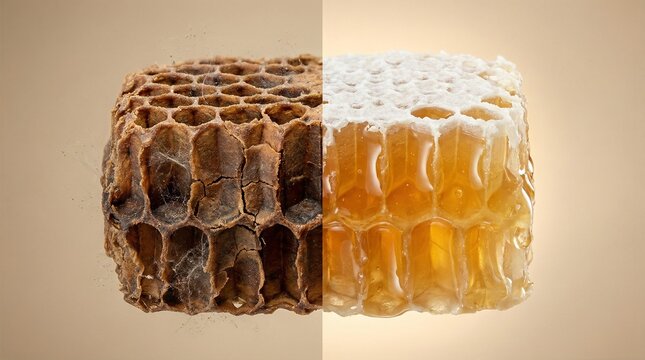 Contrast of Old Empty and Fresh Honeycomb with Golden Honey