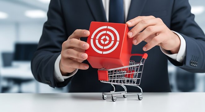 A person in a suit places a target block into a shopping cart, business concept