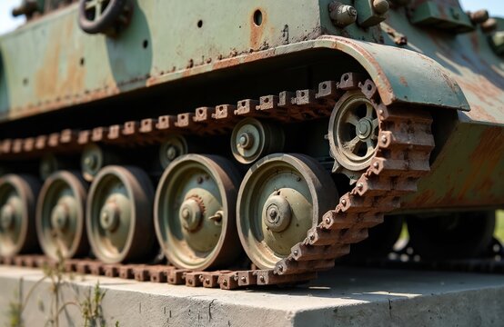 Rusty weathered tank tracks and wheels on display. Military armored vehicle parts show wear from age and use. Close up view of old combat machine side.