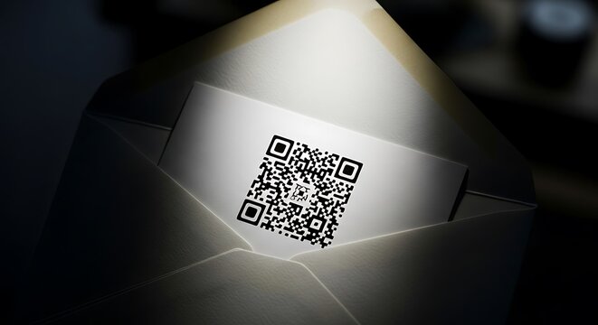 A QR code on a card, partially inside an open envelope, illuminated in a dark setting