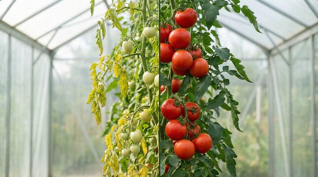 Ripe and unripe tomatoes growing on a vine in a greenhouse