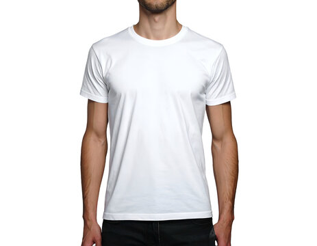 Male model wearing plain white t-shirt, isolated on white background