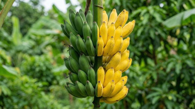 Tropical Bananas Ripening: A Bunch Showing Green and Yellow Stages