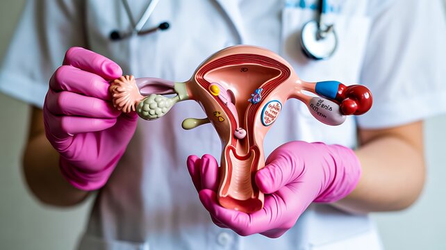Doctor holding uterus model with medical tools representing women health and gynecology care