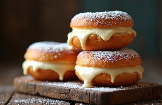 Three bomboloni donuts dusted with powdered sugar are stacked on a wooden board, oozing vanilla cream filling. These sweet treats are perfect for cafes, bakeries, or food blogs.