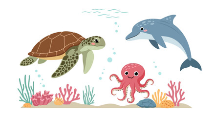 Fototapeta premium A seamless pattern illustration of a cute cartoon sea turtle with a set of tropical marine animals like fish, octopus, and jellyfish in an underwater ocean water nature life scene