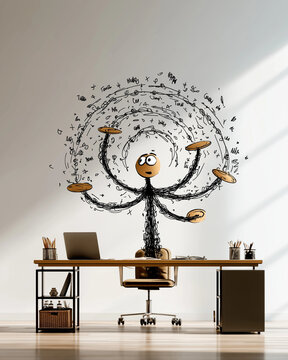 Conceptual Task Juggling at Desk: A whimsical illustration depicts a character skillfully juggling multiple tasks, representing the challenges and complexities of modern work life.