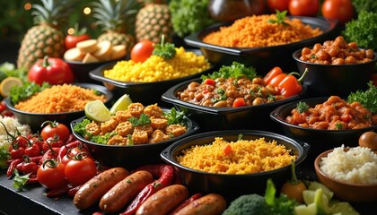 Obraz premium Various prepared food dishes in black containers. Colorful rice, meat, and vegetables make a delightful meal. This assortment suggests catering or buffet style dining for any occasion.