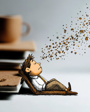 Coffee Break Serenity: An illustration depicts a relaxed figure reclining with coffee-infused thoughts, with a stack of books and a mug in the background.