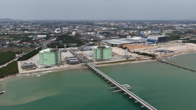 Aerial view of coastal oil refinery and lng terminal