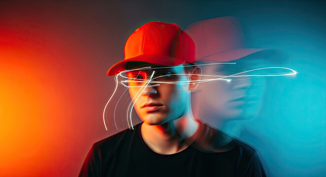 A young man wearing a red baseball cap with a futuristic light effect across his face