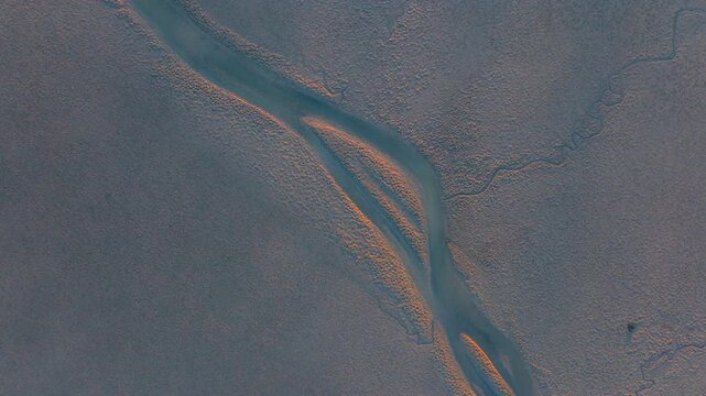 Aerial view of a tidal mudflat with winding channels at sunrise, showing the textured patterns of the exposed seabed. A warm glow on the landscape. Kawhia Harbour, Waikato, New Zealand