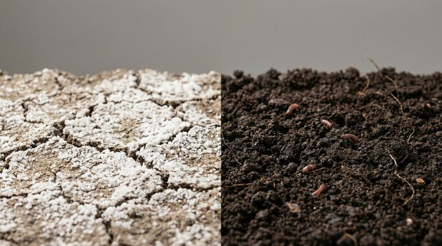 Contrasting views of barren, saline, cracked soil next to rich, dark, fertile earthworms.