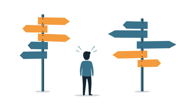 Confused man stands between two tall signposts with numerous orange and blue directional arrows pointing in different ways against a white background.