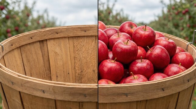 Empty wooden bushel basket compared with a basket full of red apples.