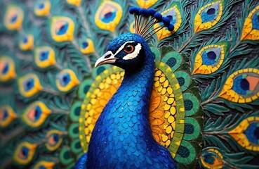 Fototapeta premium Close view of bright blue peacock with detailed mosaic tile art. Vibrant feathers fan out in yellow teal and green. Majestic bird art creates ornate decorative pattern. Exotic avian beauty.