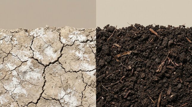 Contrasting textures of dry cracked desert soil and rich fertile organic soil