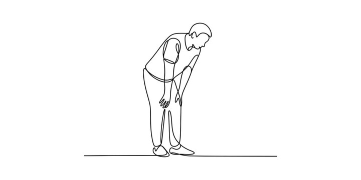 Minimalist continuous single line drawing of a person bending over while feeling very exhausted Vector, illustration
