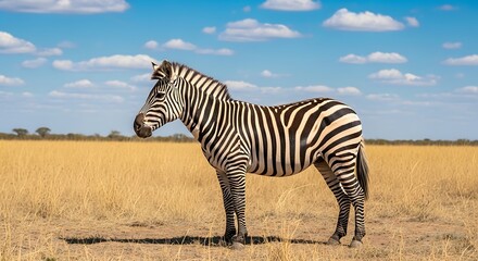 Fototapeta premium A solitary zebra stands in a grassy field under a blue sky dotted with clouds