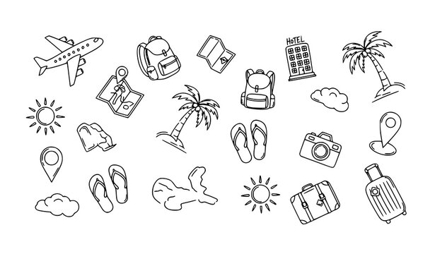 Travel doodle icon collection with themed groups outline tourism symbols minimal hand drawn vector