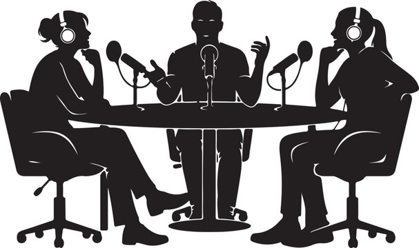 Silhouette of three people podcasting at a round table with microphones