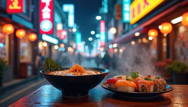 Steaming bowl of ramen noodles and assorted sushi served at a wooden table on a busy neon-lit city street at night. Japanese cuisine offered outdoors.