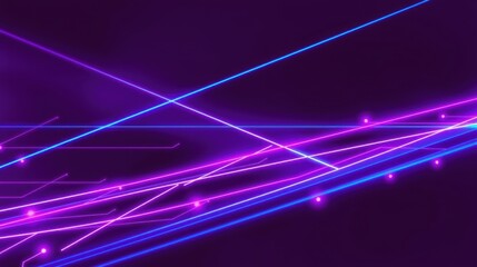 Fototapeta premium Abstract neon lines intersect dark background. Bright purple, blue streaks create dynamic visual effect. Minimalist design, modern aesthetic.