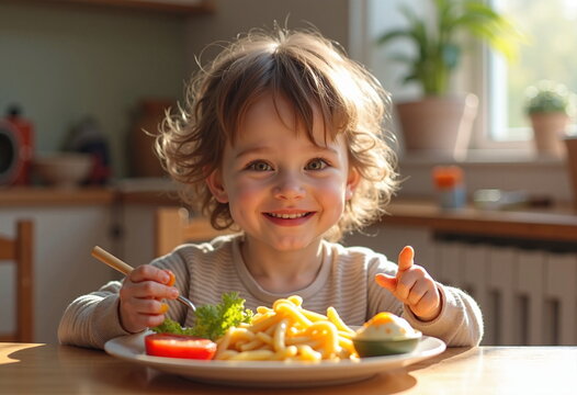 A young child with curly blonde hair sits at a wooden table, smiling broadly while holding a fork and a carrot. 