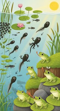 Frogs and tadpoles in pond ecosystem.
