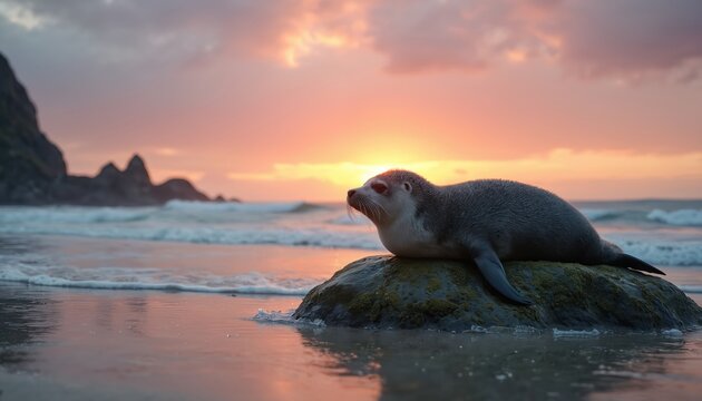 Seal rests on wet rock at sunset beach. Calm waves lap shoreline as sun dips below horizon. Peaceful marine animal waits by tranquil ocean. Coastal scene, wildlife.