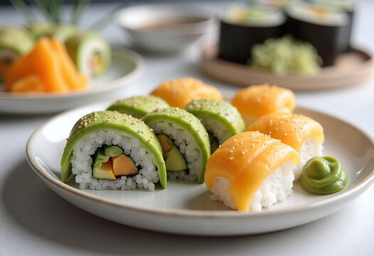 A close-up photograph of a plate featuring an assortment of sushi rolls. T
