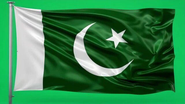 Pakistan flag waving gracefully on a flagpole, a vibrant green and white national symbol, representing patriotism and national identity, ideal for news, documentaries, and cultural projects.