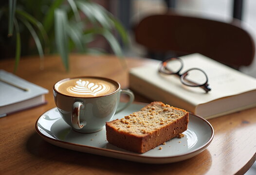 A serene indoor scene featuring a cup of vegan cappuccino and cake
